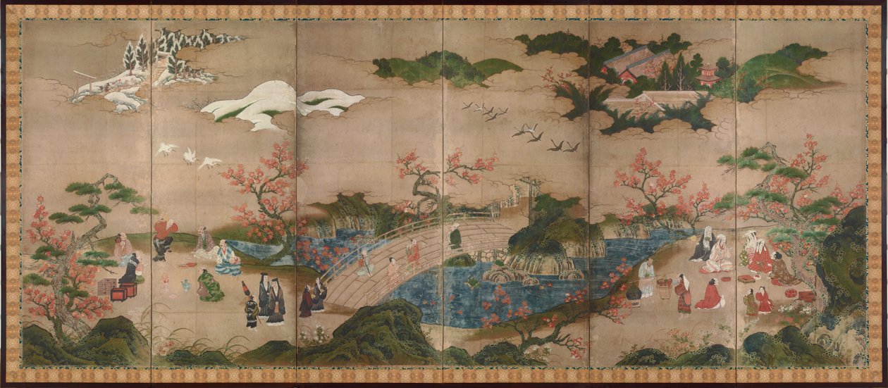 Les spectators des erables (Mapple Viewers) - Skärm med sex paneler - Verk av Kano Hideyori (aktiv 1565-1576), akvarell och bläck på papper - Japansk konst av Hideyori Kano