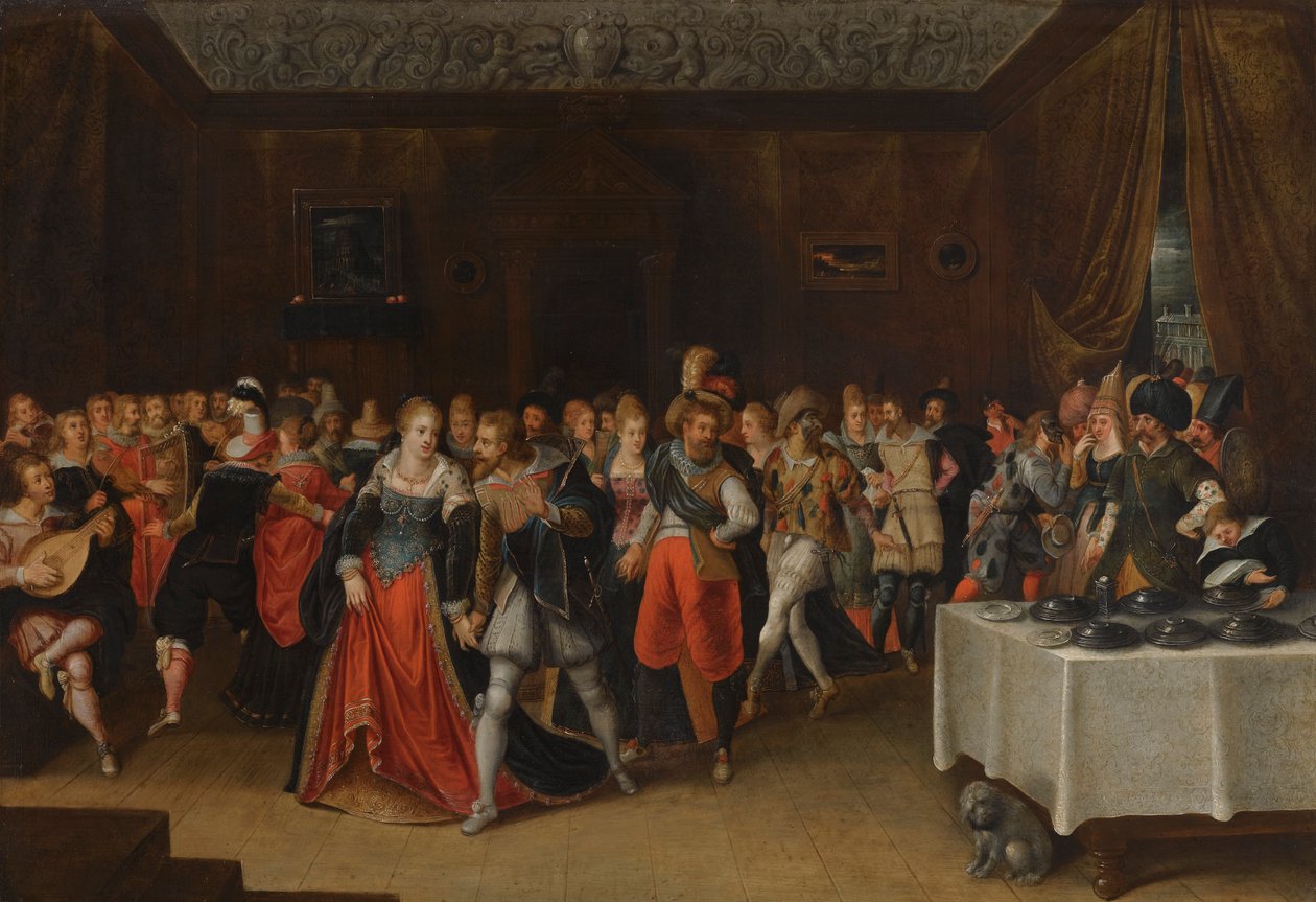 En inredning med eleganta figurer på ett bröllop av Hieronymous Francken II