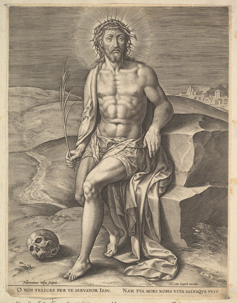 Kristus sitter på den kalla stenen, före ca. 1586. av Hieronymous Wierix