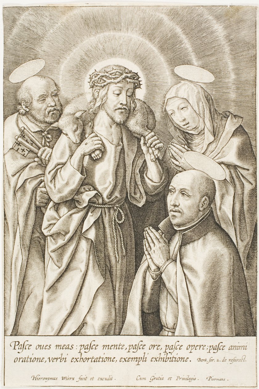 Ignatius av Loyola knäböjande inför Kristus, Jungfru Maria och S:t Peter av Hieronymous Wierix