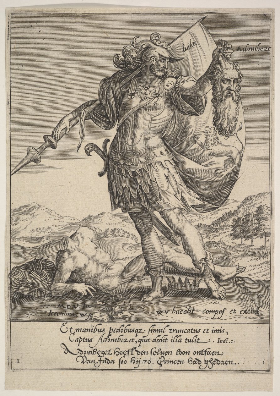 Juda med huvudet av Adonibezek, från Willem van Haecht, Tyrannorum proemia, 1578, 1578. av Hieronymous Wierix