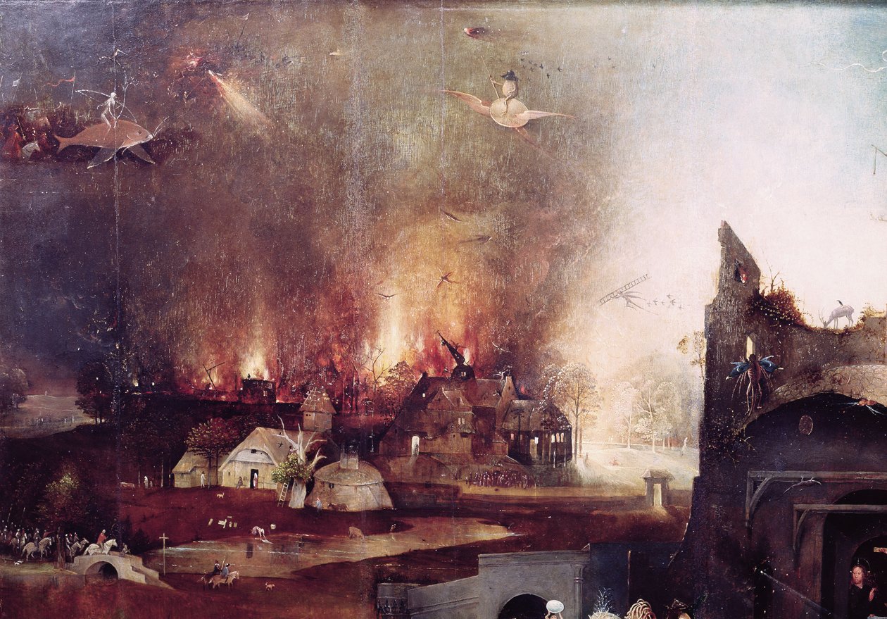 Detalj av den brinnande byn, från den centrala panelen av Antonius frestelse. av Hieronymus Bosch