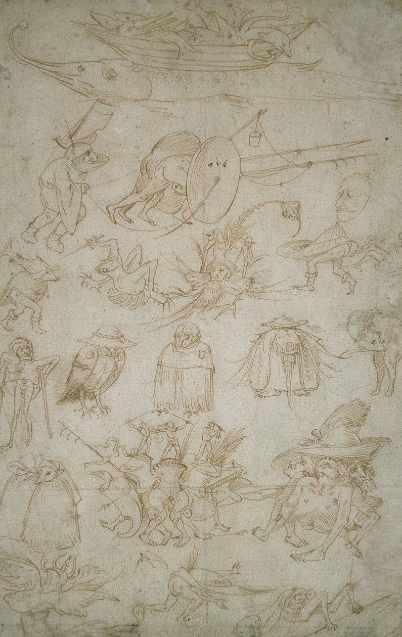 Grotesque Studies (verso), 1400-talet (penna och bistre på papper) av Hieronymus Bosch