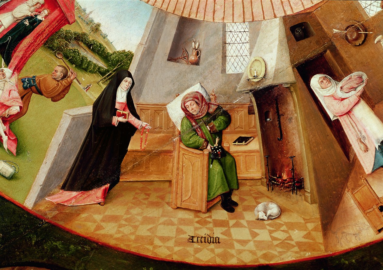 Sloth, detalj från tabellen över de sju dödssynderna och de fyra sista sakerna, ca 1480 av Hieronymus Bosch