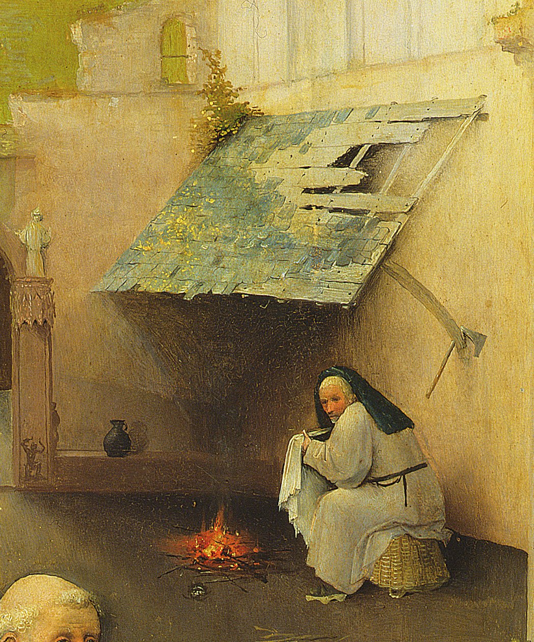 The Adoration of the Magi, detalj av en bakgrundsfigur, 1510 olja på paneldetalj av 3427 av Hieronymus Bosch