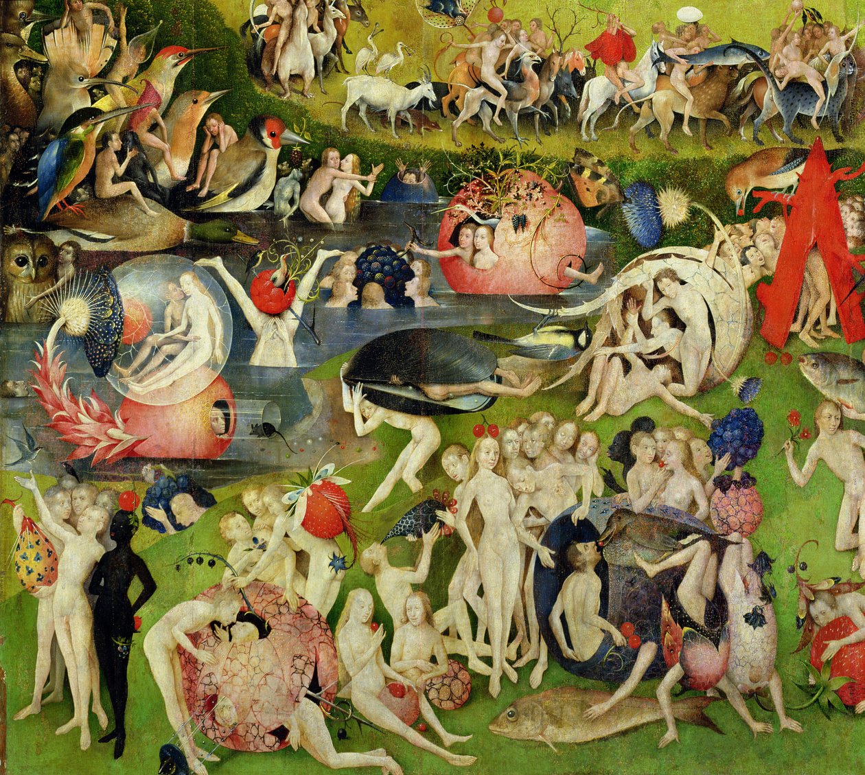 The Garden of Earthly Delights: Allegory of Luxury, centralt panel af triptykon, ca. 1500 (detalje af 420) swed av Hieronymus Bosch