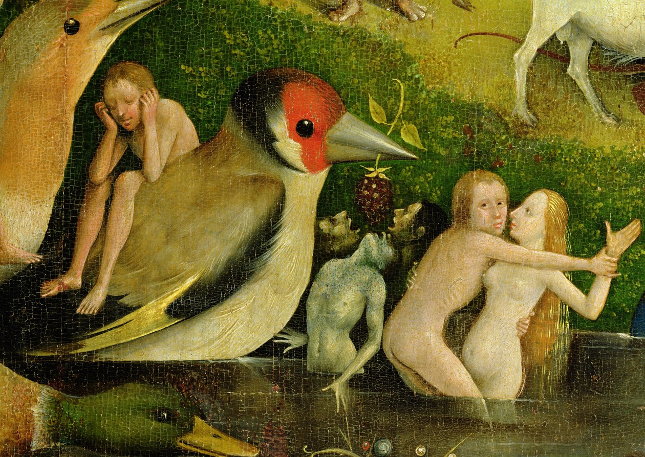 The Garden of Earthly Delights: Allegory of Luxury, central panel av triptyk, detalj av par i vattnet och en fågel, ca 1500 (detalj av 420) av Hieronymus Bosch
