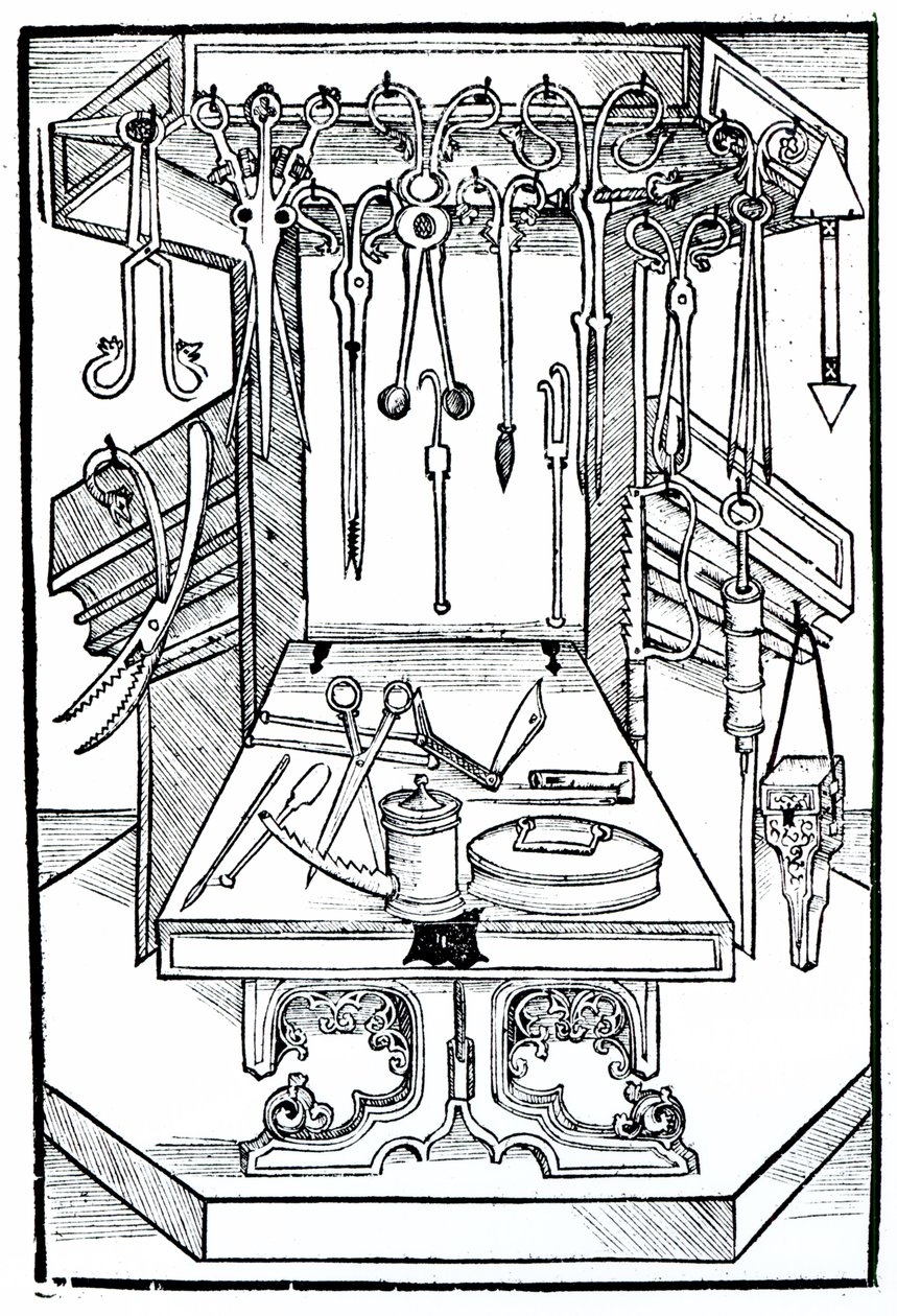 Operationsbord och kirurgiska instrument, från "Das Buch der Cirugia", utgiven i Strasbourg 1497. av Hieronymus Brunschwig
