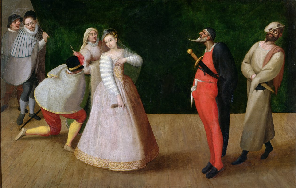 Compagnia dei Comici Gelosi med Isabella Andreini (1562-1604) avbildad med en föreställning i Paris (se även 167901) av Hieronymus Francken