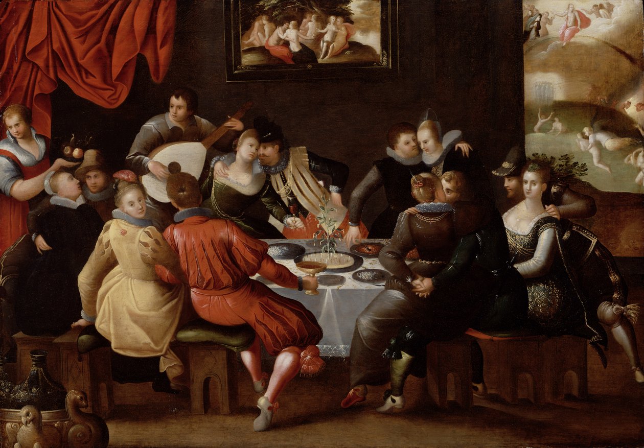 Eleganta figurer festar och disporterar vid ett bord med den sista domen i bakgrunden av Hieronymus II Francken