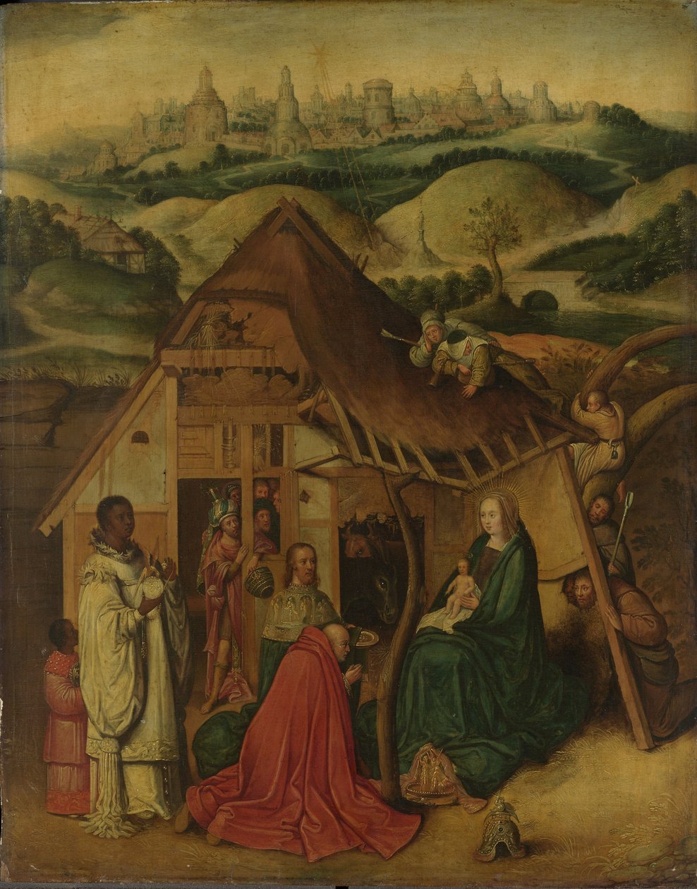 Adoration of the Magi, tidigt 1600-tal (olja på ekpanel) av Hieronymus (after) Bosch