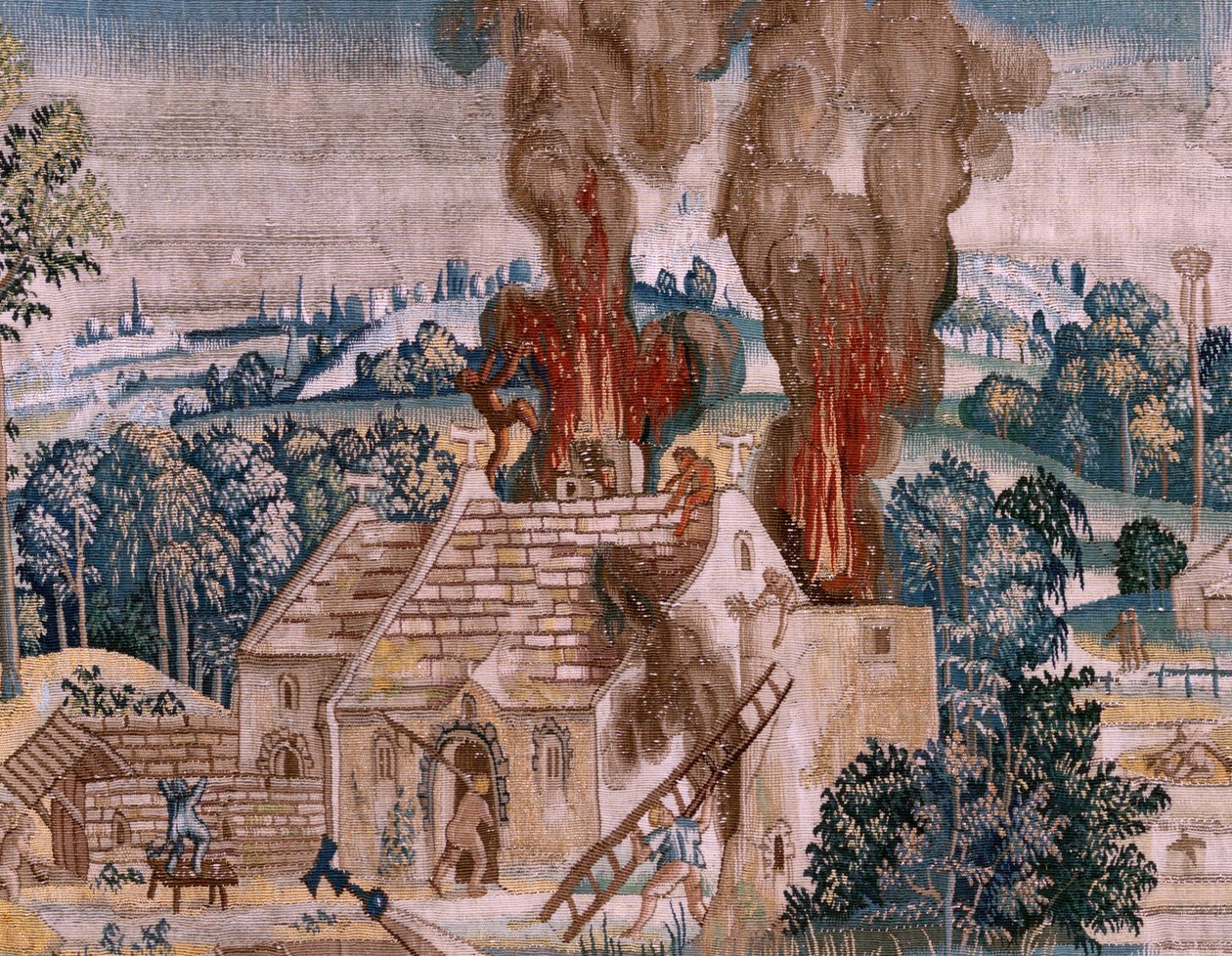 flamländsk gobeläng. Serie fyra gobelänger efter Hieronymus Bosch. Sankt Antonius i bön (San Antonio en oración). Andra gobeläng i serien. Modell Inspirerad av Hieronymus Boschs verk. Tillverkning Okänd verkstad, Bryssel. Före 1560. Tyg Go av Hieronymus (after) Bosch