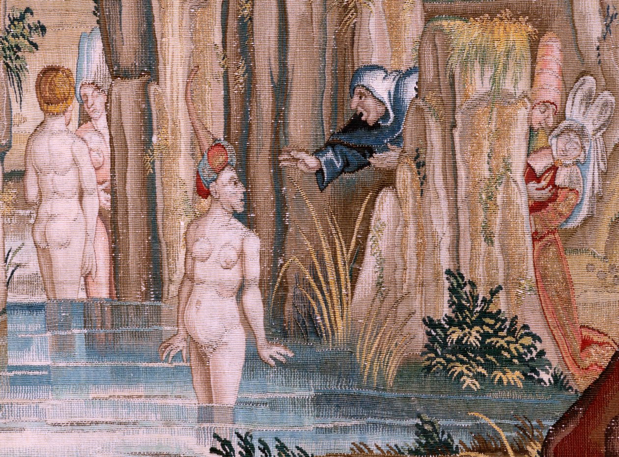 flamländsk gobeläng. Serie fyra gobelänger efter Hieronymus Bosch. Sankt Antonius i bön (San Antonio en oración). Andra gobeläng i serien. Modell Inspirerad av Hieronymus Boschs verk. Tillverkning Okänd verkstad, Bryssel. Före 1560. Tyg Go av Hieronymus (after) Bosch