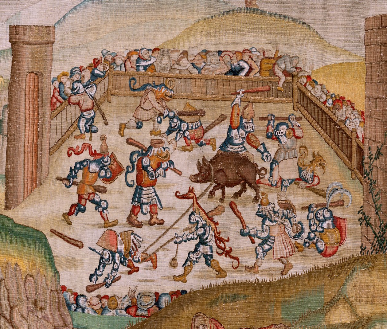 flamländsk gobeläng. Serie fyra gobelänger efter Hieronymus Bosch. Saint Martin (San Martín). Första gobelängen i serien. Modell Inspirerad av Hieronymus Boschs verk. Tillverkning Okänd verkstad, Bryssel. Före 1560. Tyg Guld, silver, siden och woo av Hieronymus (after) Bosch