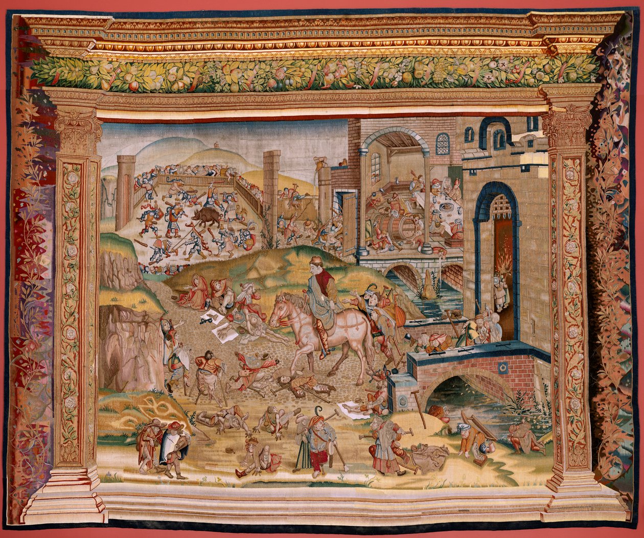 flamländsk gobeläng. Serie fyra gobelänger efter Hieronymus Bosch. Saint Martin (San Martín). Första gobelängen i serien. Modell Inspirerad av Hieronymus Boschs verk. Tillverkning Okänd verkstad, Bryssel. Före 1560. Tyg Guld, silver, siden och woo av Hieronymus (after) Bosch