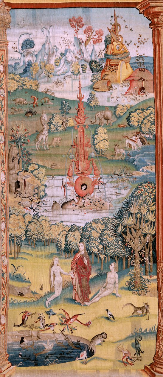 flamländsk gobeläng. Serie fyra gobelänger efter Hieronymus Bosch. The Garden of Earthly Delights (Jardín de las Delicias). Fjärde gobelängen i serien. Modell Inspirerad av Hieronymus Boschs verk. Tillverkning Okänd verkstad, Bryssel. Före 1560. Fa av Hieronymus (after) Bosch