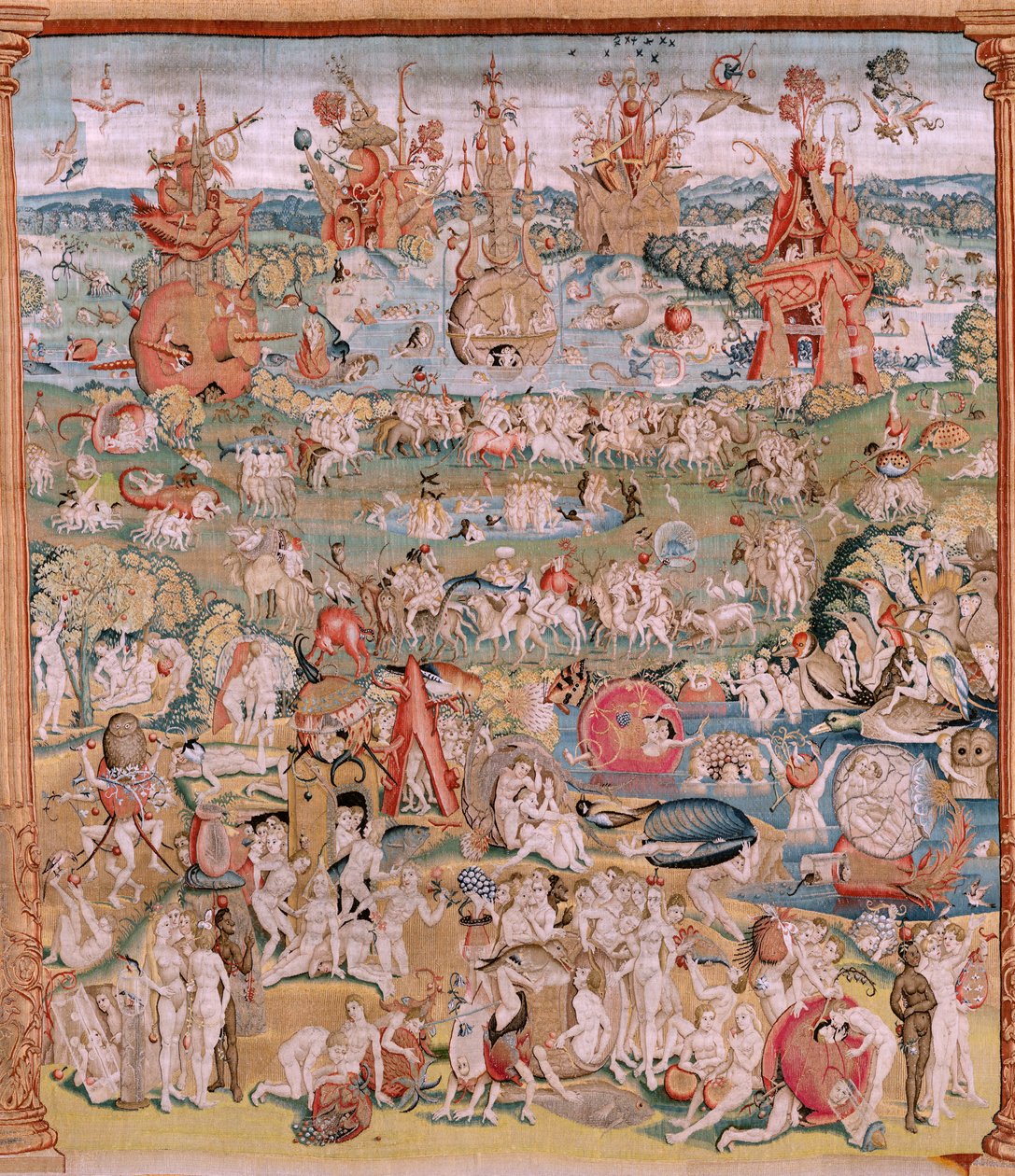 flamländsk gobeläng. Serie fyra gobelänger efter Hieronymus Bosch. The Garden of Earthly Delights (Jardín de las Delicias). Fjärde gobelängen i serien. Modell Inspirerad av Hieronymus Boschs verk. Tillverkning Okänd verkstad, Bryssel. Före 1560. Fa av Hieronymus (after) Bosch
