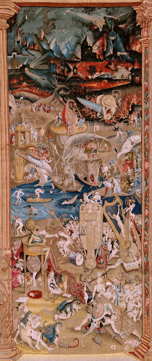flamländsk gobeläng. Serie fyra gobelänger efter Hieronymus Bosch. The Garden of Earthly Delights (Jardín de las Delicias). Fjärde gobelängen i serien. Modell Inspirerad av Hieronymus Boschs verk. Tillverkning Okänd verkstad, Bryssel. Före 1560. Fa av Hieronymus (after) Bosch