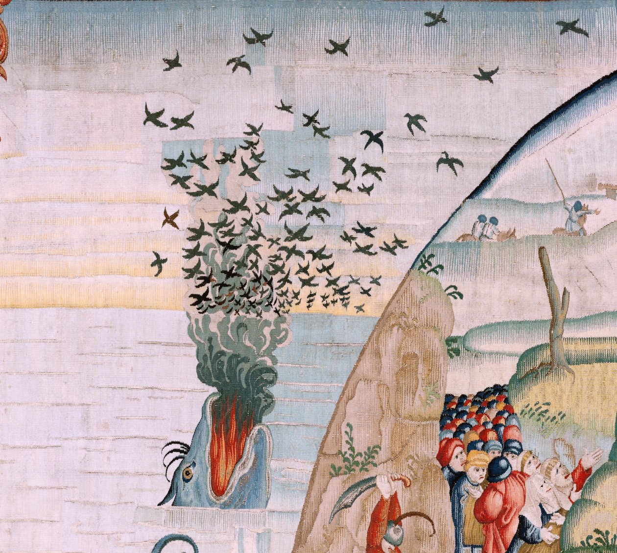 flamländsk gobeläng. Serie fyra gobelänger efter Hieronymus Bosch. Människolivets vedermödor (Tribulaciones de la vida humana). Tredje gobelängen i serien. Modell Inspirerad av Hieronymus Boschs verk. Tillverkning Okänd verkstad, Bryssel. Före 1560 av Hieronymus (after) Bosch