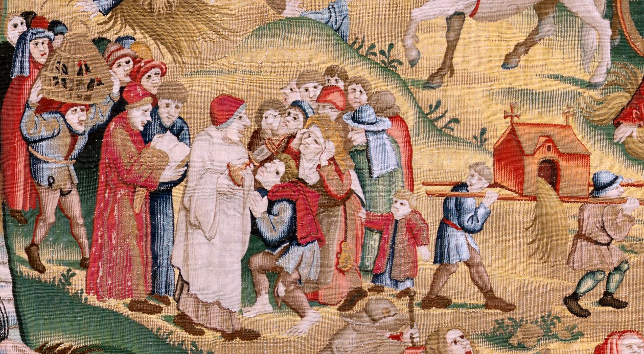 flamländsk gobeläng. Serie fyra gobelänger efter Hieronymus Bosch. Människolivets vedermödor (Tribulaciones de la vida humana). Tredje tapeten i serien. Modell Inspirerad av Hieronymus Boschs verk. Tillverkning Okänd verkstad, Bryssel. Före 1560 av Hieronymus (after) Bosch