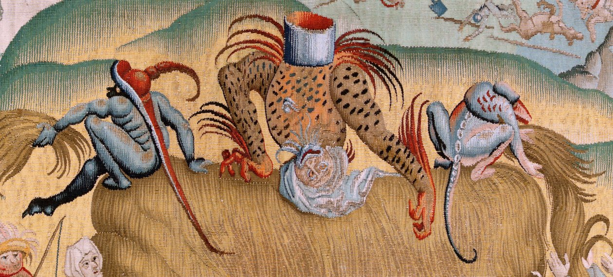 flamländsk gobeläng. Serie fyra gobelänger efter Hieronymus Bosch. Människolivets vedermödor (Tribulaciones de la vida humana). Tredje gobelängen i serien. Modell Inspirerad av Hieronymus Boschs verk. Tillverkning Okänd verkstad, Bryssel. Före 1560 av Hieronymus (after) Bosch