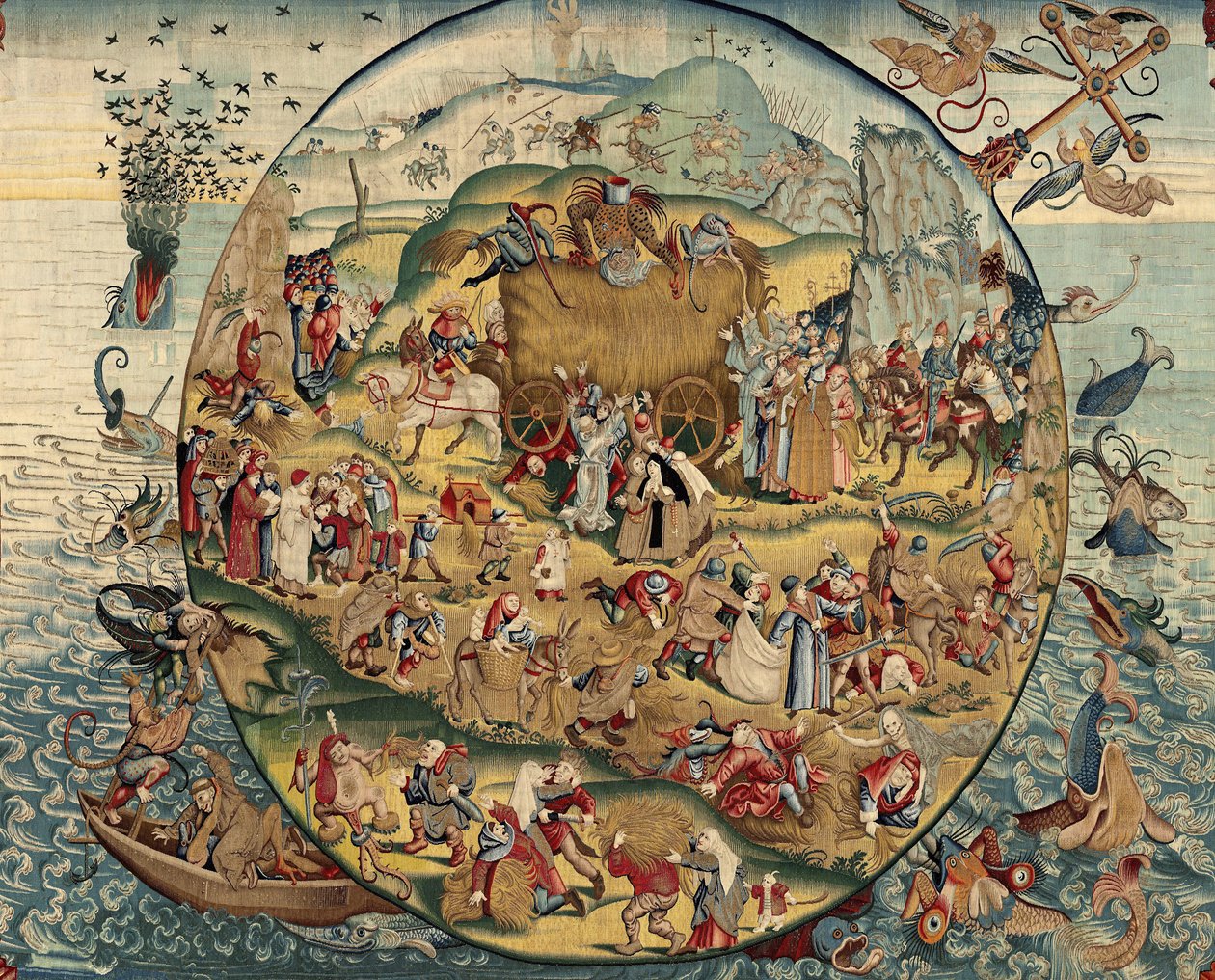 Gobeläng inspirerad av Hieronymus Boschs verk, ca 1560 (guld, silver, siden och ull) av Hieronymus (after) Bosch