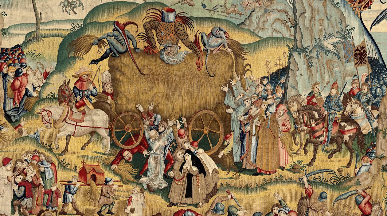 Gobeläng inspirerad av Hieronymus Boschs verk, ca 1560 (guld, silver, siden och ull) av Hieronymus (after) Bosch