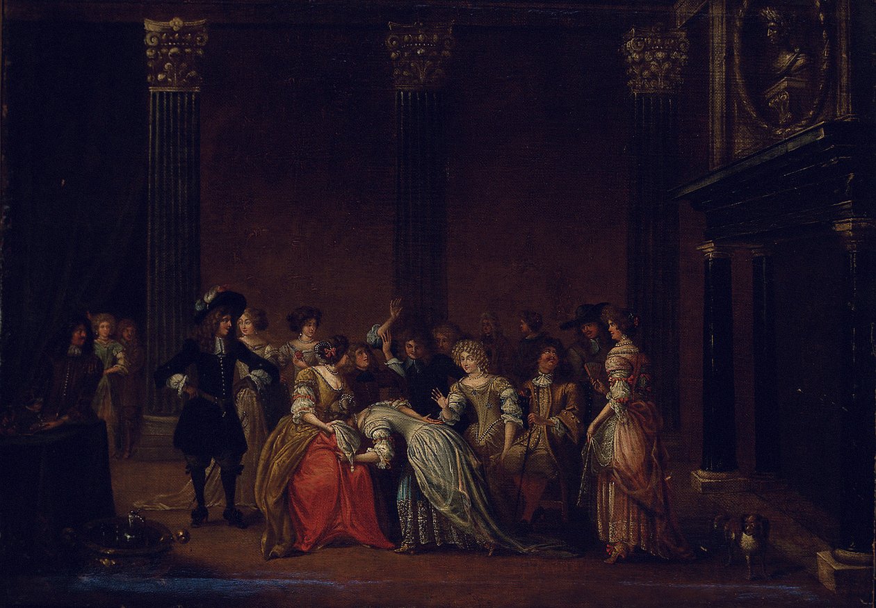 Ett elegant företag i en interiör med äktenskapstvist (olja på duk) av Hieronymus (follower of) Janssens