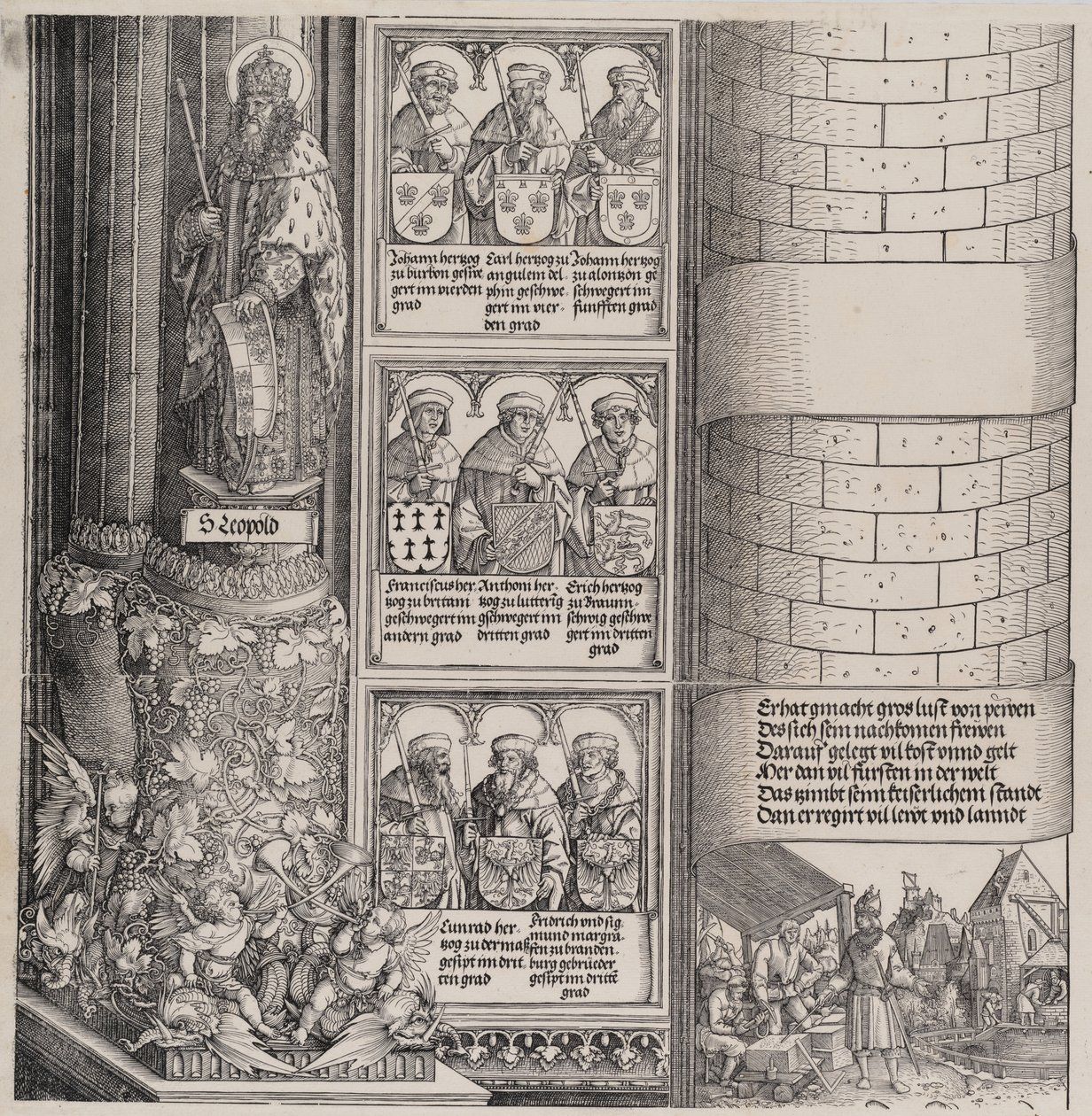Maximilian som arkitekt, med en staty av S:t Leopold och byster av Maximilians Ance..., 15171518. av Hieronymus Andreae