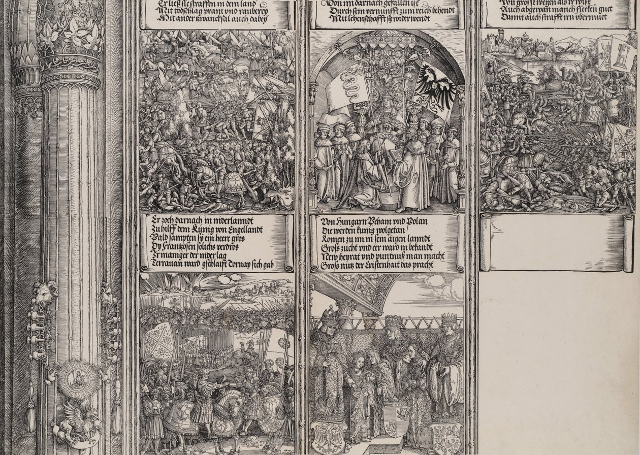 Maximilians allians med Henry VIII, det dubbla bröllopet i Wien, kampanjen i Gelde ..., 1515. av Hieronymus Andreae