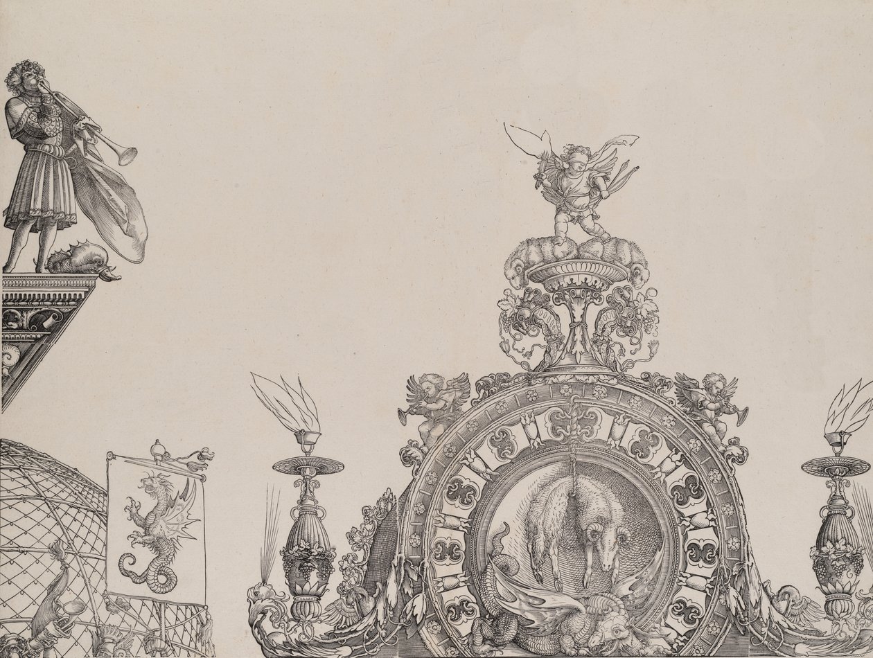 The Pinnacle of the Right Portal, och en trumpetare och standard från Central Portal, fr..., 1515. av Hieronymus Andreae