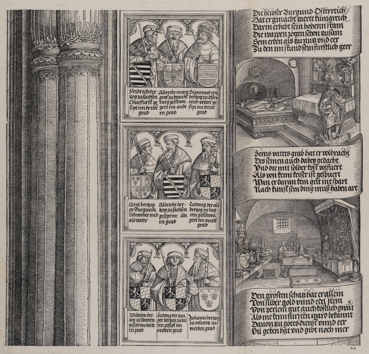 Graven uppförd av Maximilian för sin far, och den kejserliga skatten, med porträtt av..., 1515. av Hieronymus Andreae