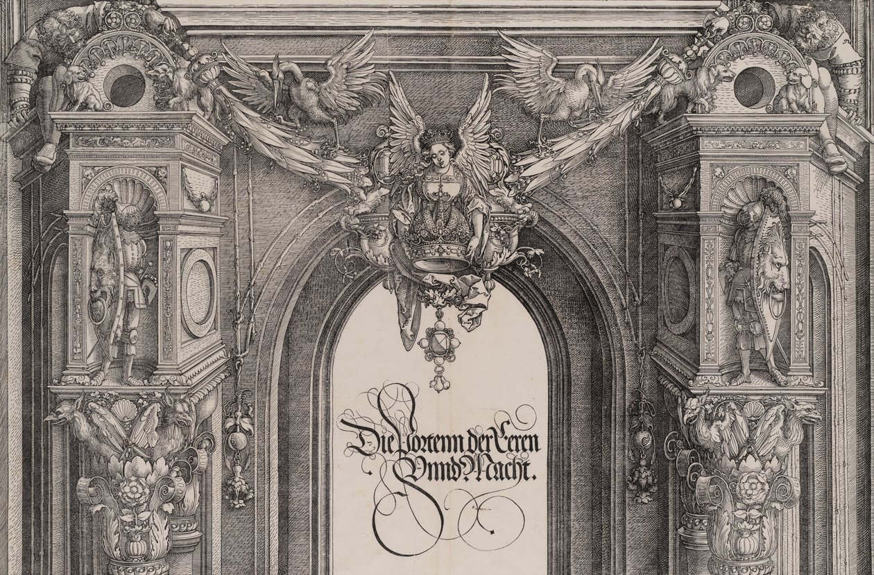 Den övre delen av ingången till den centrala portalen med en bevingad figur som håller I..., 1515. av Hieronymus Andreae