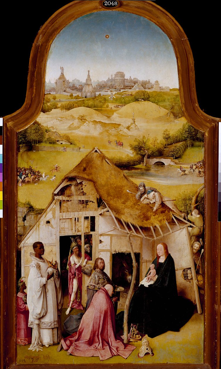 Tillbedjan av Magi Central panel av trettondetondagens triptyk. Målning av Hieronymus Van Aeken (Aken) dit Jerome Bosch (1450-1516). 1510-1511. Dämpa. 138x72 cm Madrid. Pradomuseet. av Hieronymus Bosch