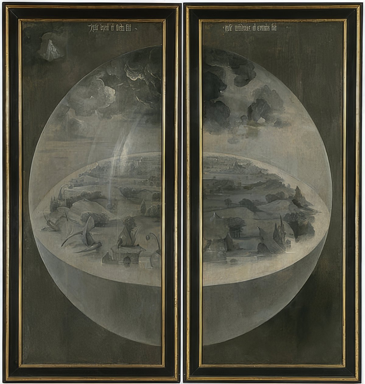 De jordiska njutningarnas trädgård. Triptyk, baksida: Skapelsen. Runt 1500-05 av Hieronymus Bosch