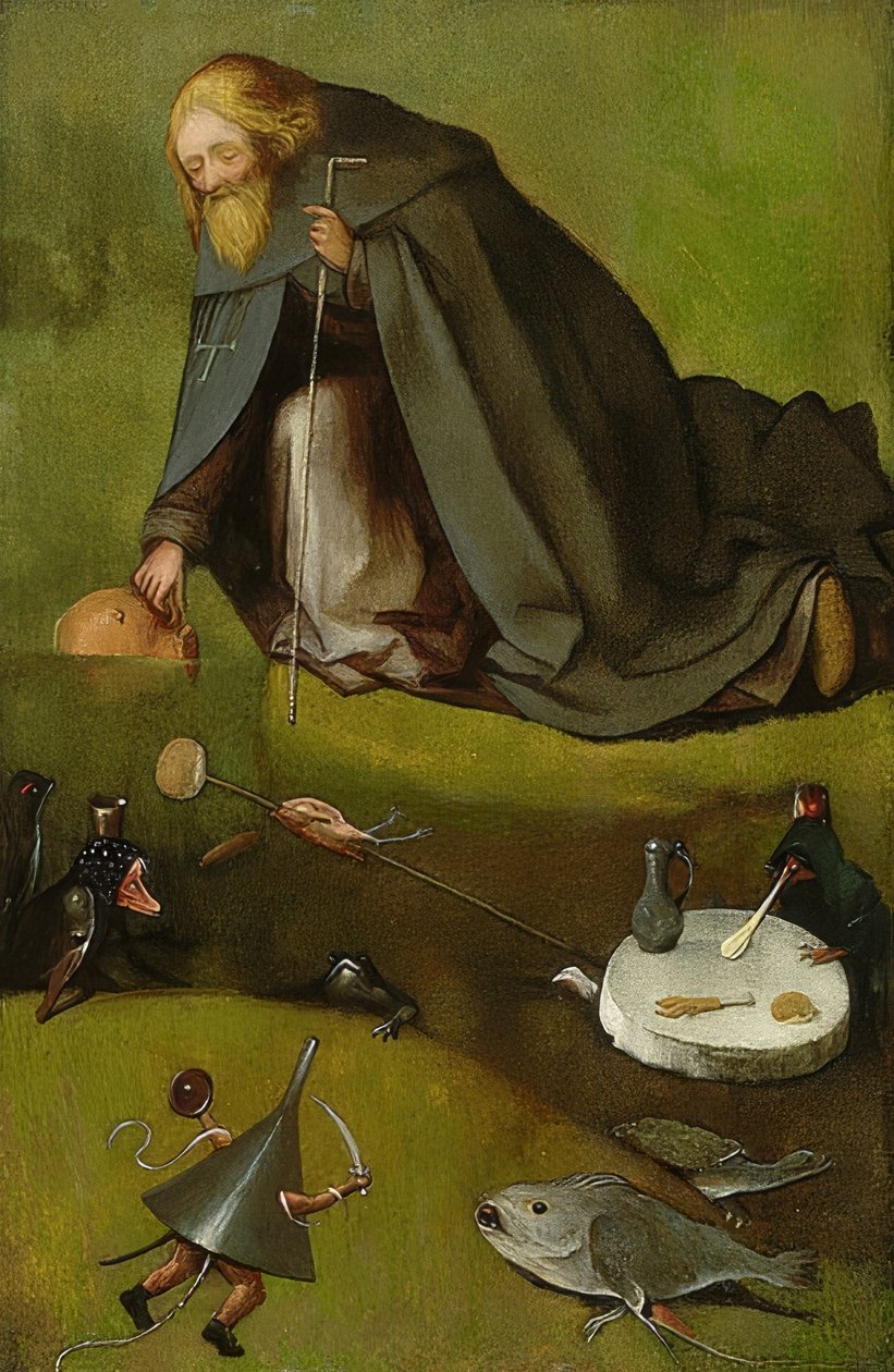 Frestelsen av Sankt Antonius. Runt 1500-10 av Hieronymus Bosch