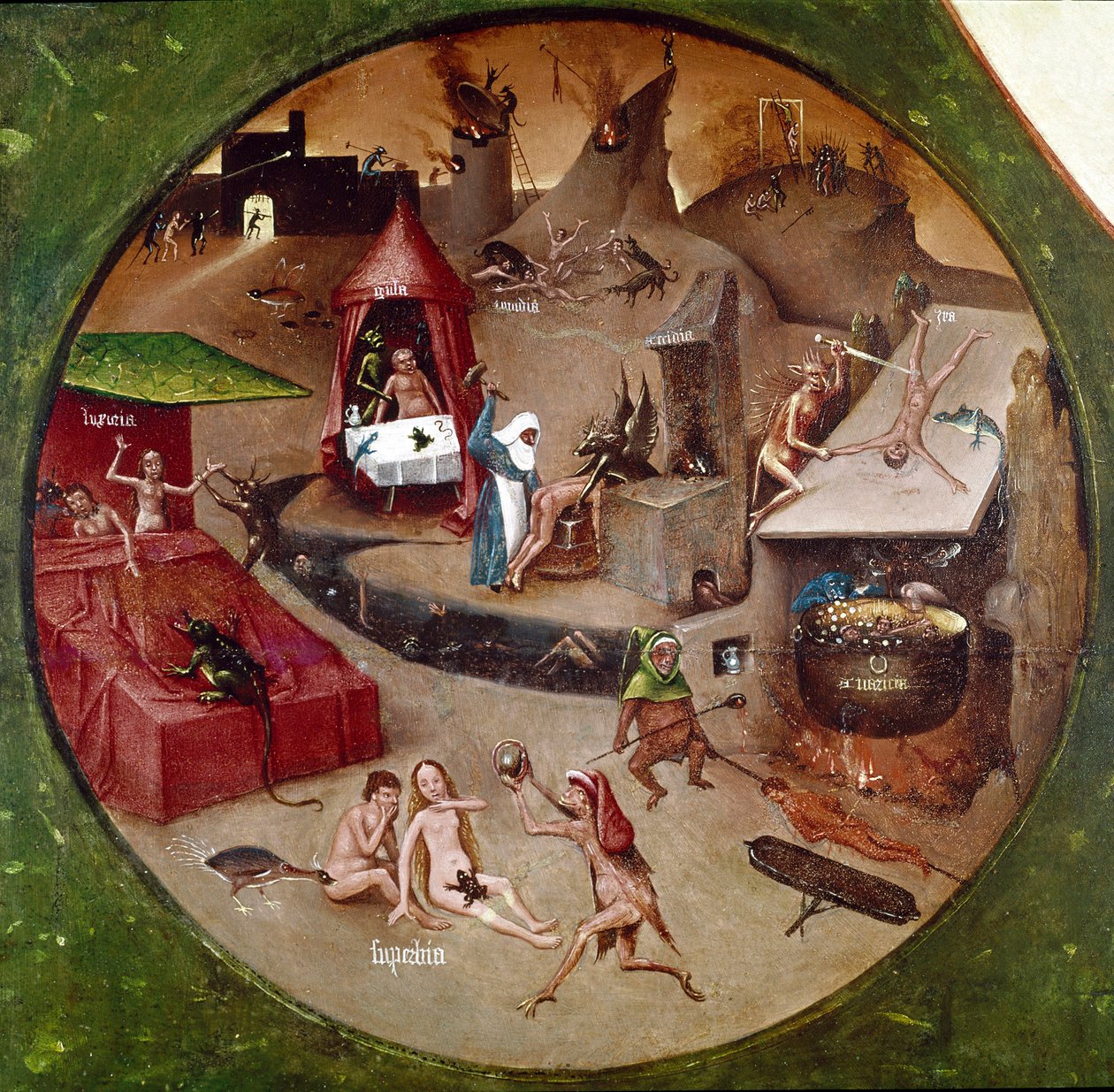 Helvete. Detalj av De sju dödssynderna och de fyra sista sakerna (olja på panel av Hieronymus Bosch