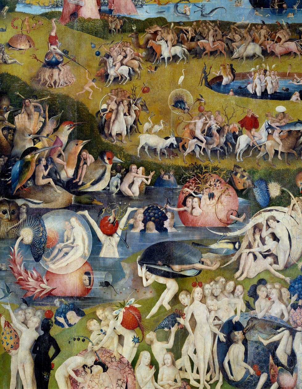 Män och kvinnor njuter av jordens nöjen. Detalj av den centrala delen av tryptiken i "The Garden of Terrestrial Delices" av Hieronymus Van Aeken (Aken) dit Jerome Bosch (1450-1516) av Hieronymus Bosch