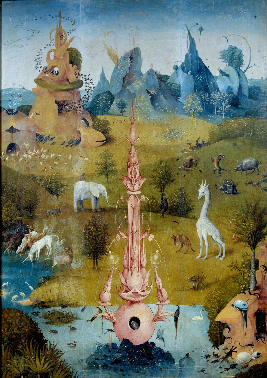 Paradise La Fontaine. Detalj av den vänstra delen av triptyken till "Delicesens trädgård"" av Hieronymus Van Aken (Aken) dit Jerome Bosch (1450-1516) av Hieronymus Bosch
