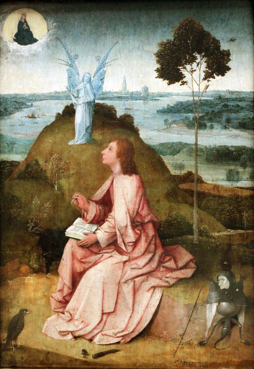Sankt Johannes evangelisten på Patmos Alternativa titlar:   Sankt Johannes på Patmos St John på Patmos av Hieronymus Bosch