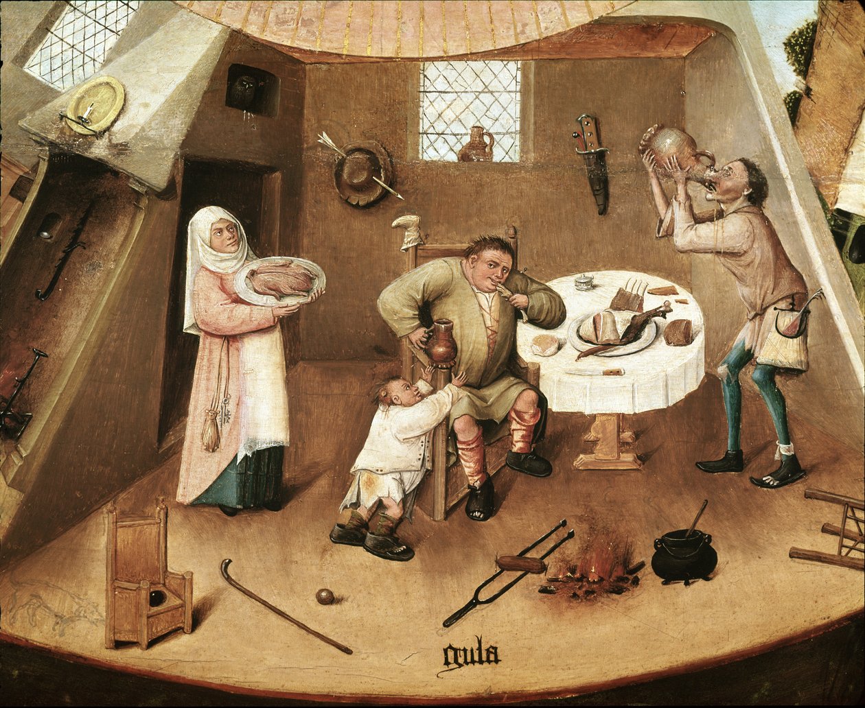 Sju dödssynd: girig. Detalj (olja på panel av Hieronymus Bosch