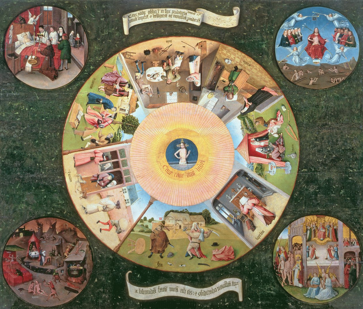 Bordsskiva över de sju dödssynderna och de fyra sista sakerna (olja på panel) av Hieronymus Bosch