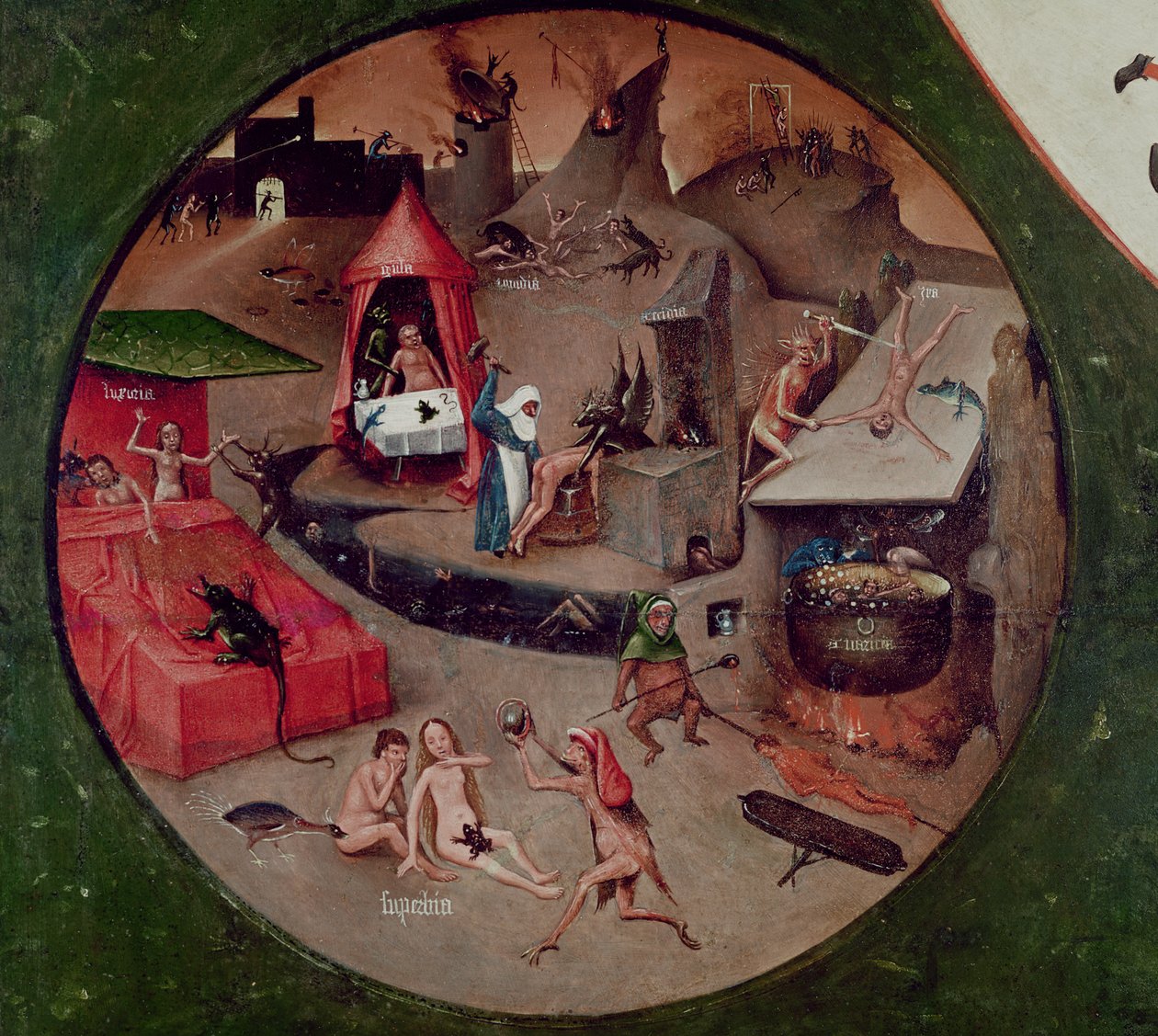 Tabletop of the Seven Deadly Sins and the Four Last Things, detalj av helvetet, ca 1480 (olja på panel) av Hieronymus Bosch