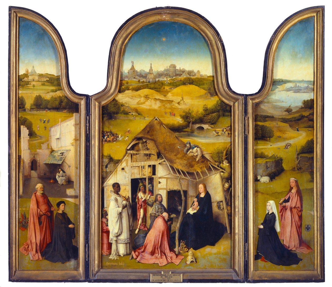 Tillbedjan av männen eller trettondagen, Triptyk. Målning av Hieronymus Van Aeken (Aken) dit Jerome Bosch (1450-1516). 1510-1511. Madrid. Musee du Prado. - Tillbedjan av männen eller trettondagen - Triptyk. Målning av Jheronimus Van Aeken (Aken) kallas av Hieronymus Bosch