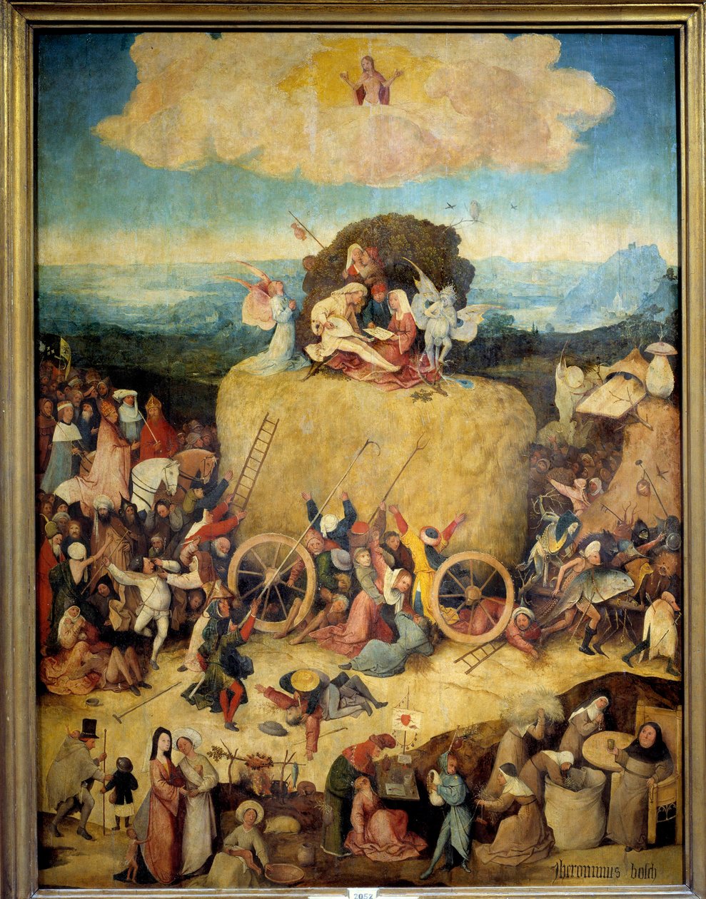 Allegorie Hay Cart av män och kvinnor som vill få ut det mesta av nuet. Centralpanel av den allegoriska tryptiken på passet, nutiden av Hieronymus Van Aeken (Aken) känd som Jerome Bosch (1450-1516), cirka 1490. Madrid, Pradomuseet av Hieronymus Bosch