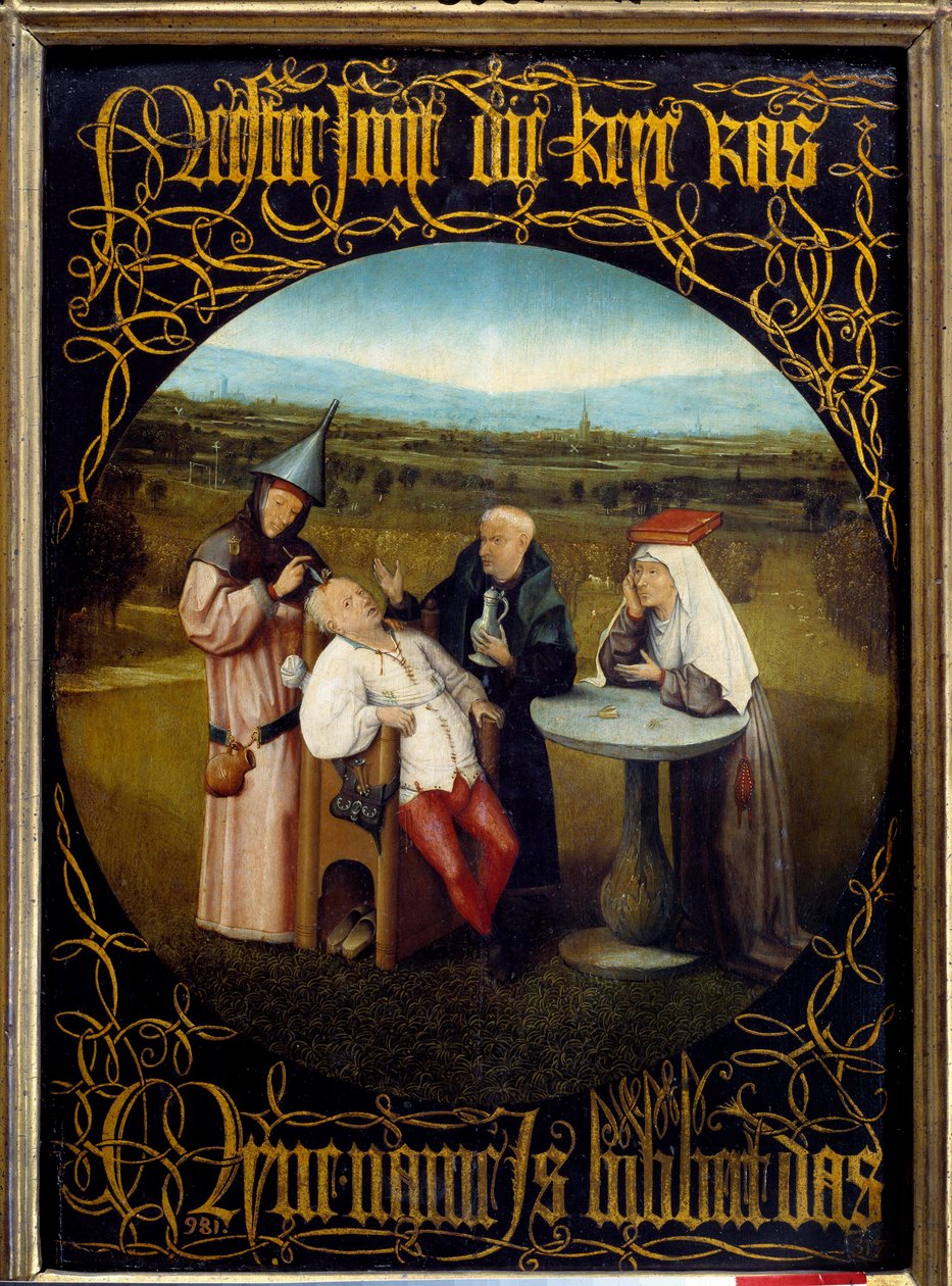 Utvinningen av stenen av Folie. Målning av Hieronymus Van Aeken (Aken) dit Jerome Bosch (1450-1516) av Hieronymus Bosch