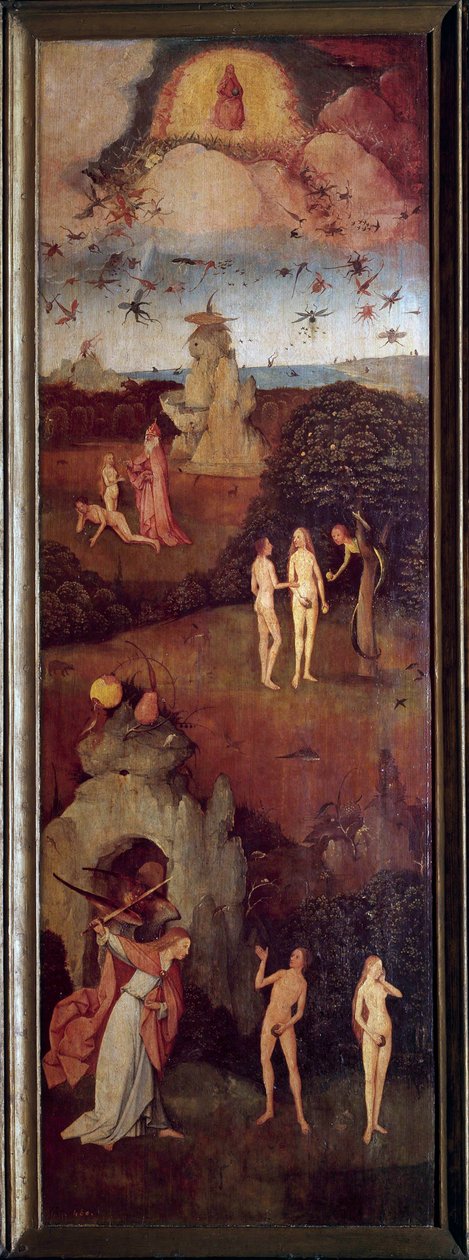 Hövagnen Skapelsen av Adam och Eva. De jagas från Paradiset efter arvsynden. Vänster panel av den allegoriska tryptiken på passet, nutiden av Hieronymus Van Aeken (Aken) kallad Jerome Bosch (1450-1516), cirka 1490. Madrid, Pradomuseet av Hieronymus Bosch