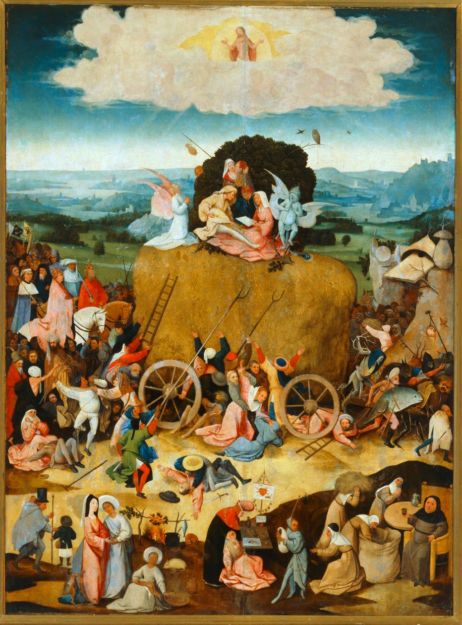 The Haywain. Ett flamländskt ordspråk säger Världen är en
höskrinda ur vilken var och en tar vad han kan ... (målning på trä) av Hieronymus Bosch