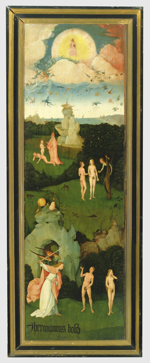 The Haywain: vänstra flygeln av triptyken föreställande Edens lustgård, ca 1500 (panel) av Hieronymus Bosch