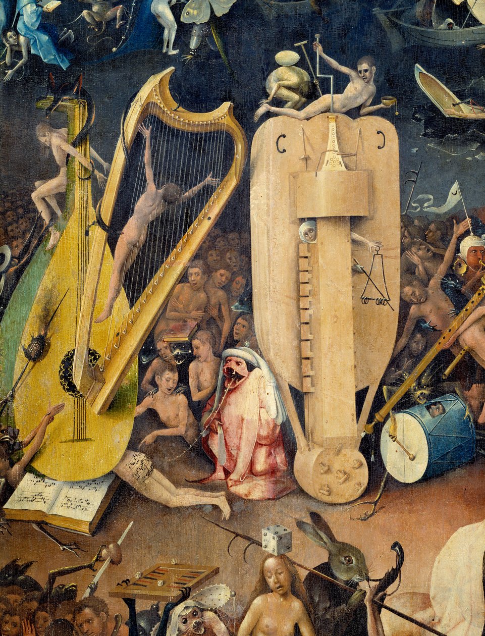 Helvetesdetaljen av den högra delen av triptyken "The Garden of Terrestrial Delices"" av Hieronymus Van Aken (Aken) dit Jerome Bosch (1450-1516) av Hieronymus Bosch